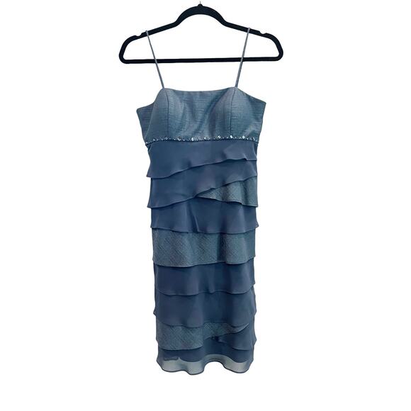 SL Fashions Formal DRESS 2+ CROP JACKET 6P Blue Tiered Beaded Ruffled Mob Wife - Picture 2 of 10